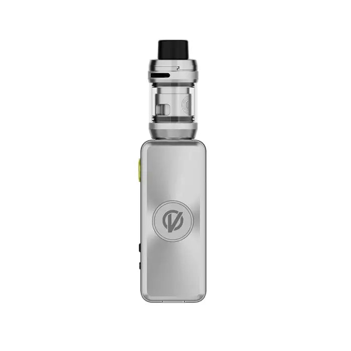 Electronic cigarette or vaping device with a silver body and glass tank.