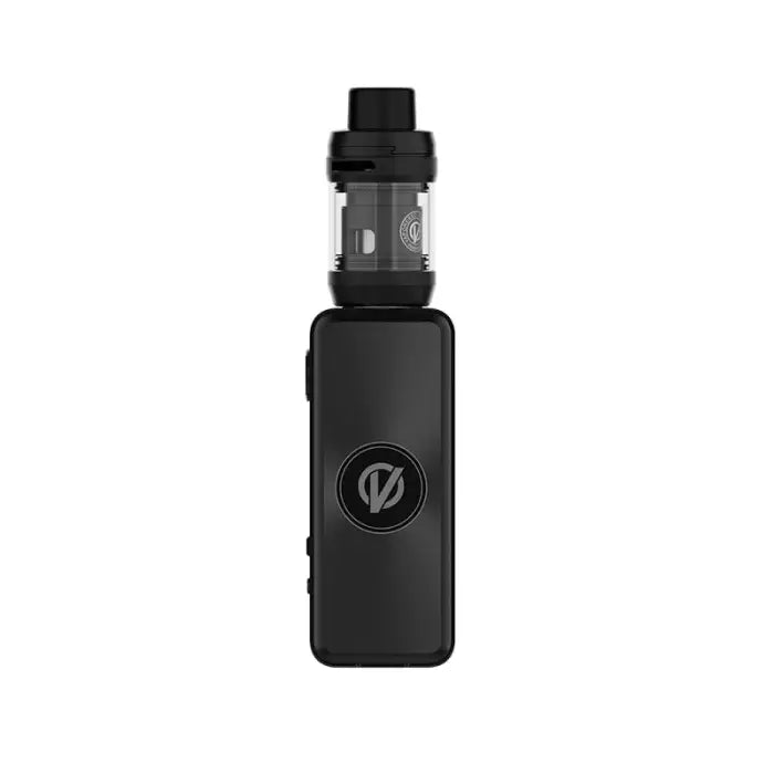 Black electronic vaping device with a cylindrical tank and rectangular body.