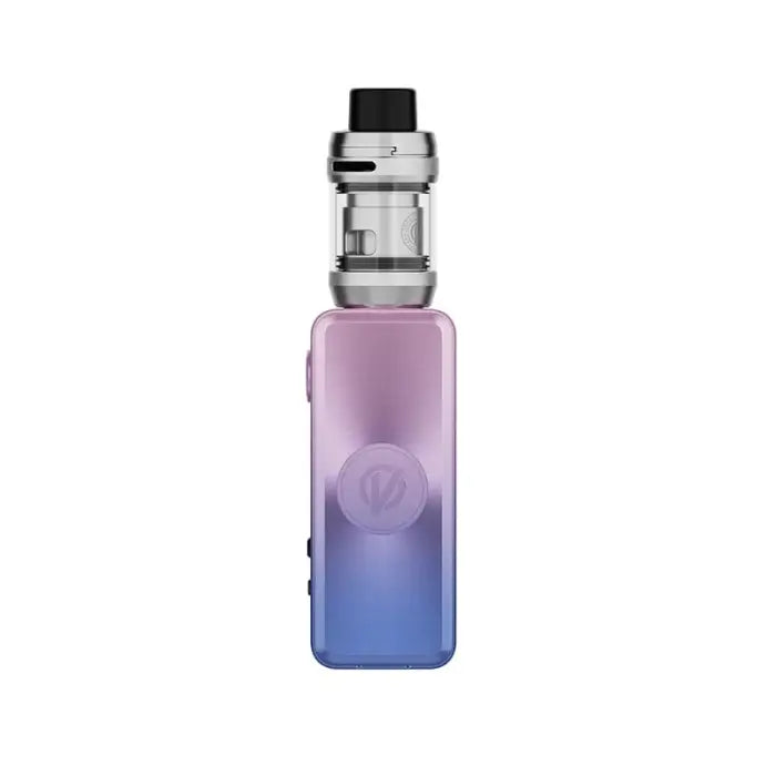 Vape device with a gradient purple-to-blue body and silver tank attachment.