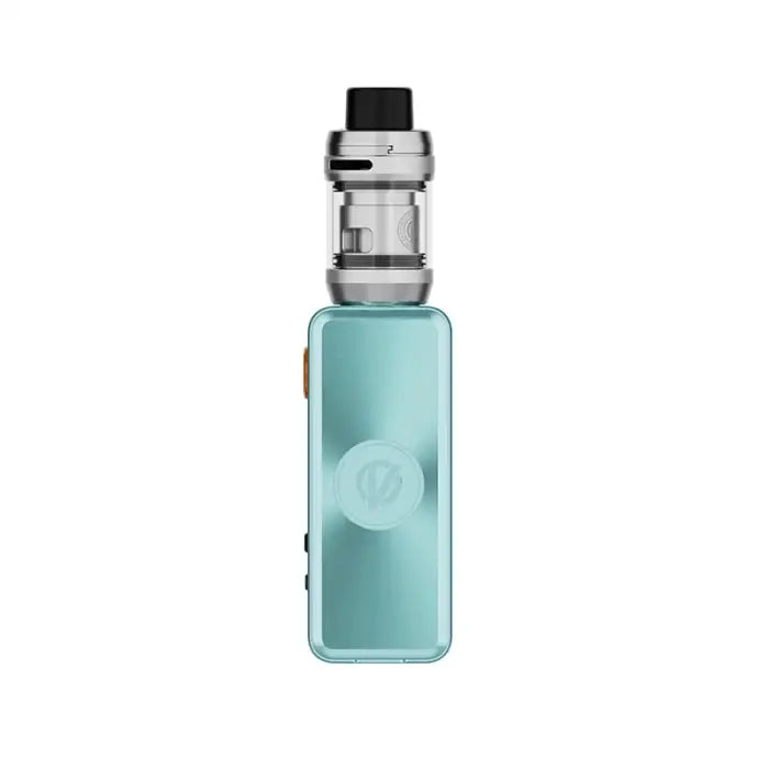 Teal-colored electronic vaping device with a silver tank attachment.