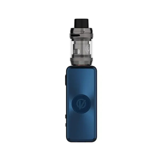 Blue electronic vaping device with a clear tank and black mouthpiece.