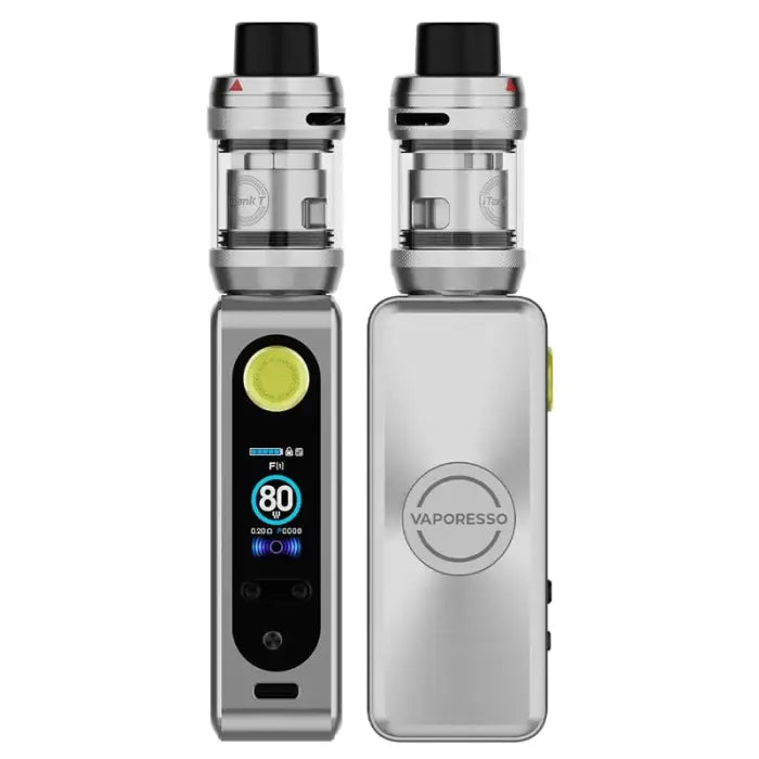 Electronic vaping device with a digital display and refillable tank.