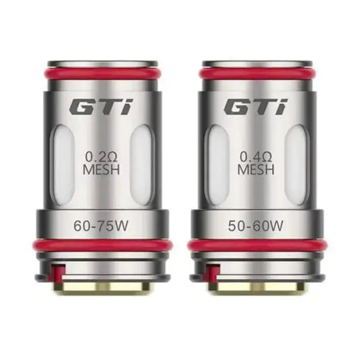 Two vaping coils or atomizer heads labeled GTi with different mesh sizes and wattage ratings.