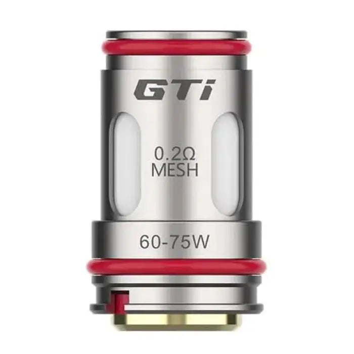 Vaporizer coil head labeled ’GTi’ with 0.20 mesh and 60-75W power rating.