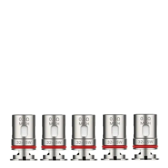 Five cylindrical metal vaping coils or atomizer heads with red bases.