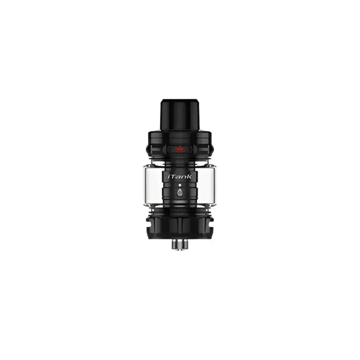 Black vaping tank or atomizer with a glass section and adjustable airflow ring.