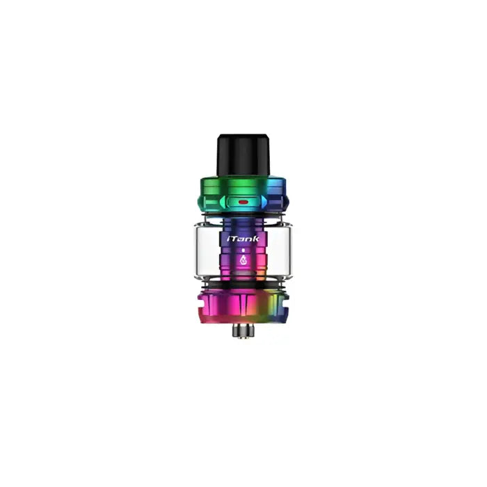 Colorful vaping tank or atomizer with a glass section and metallic rainbow finish.