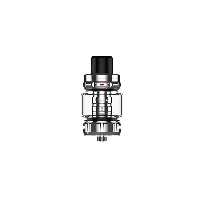 Vaping tank or atomizer with a glass chamber and metal components.