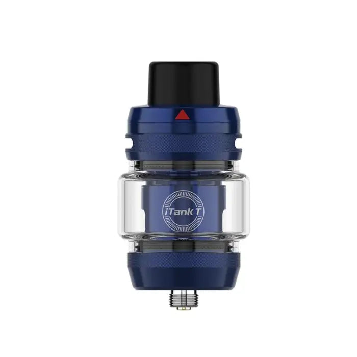 Blue and clear glass vaping tank or atomizer with ’iTank’ branding.