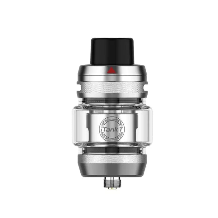 Cylindrical silver and glass vaping tank or atomizer with a black top cap.