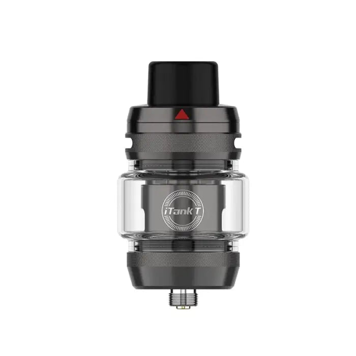 Vaping tank or atomizer with a glass section and metallic components.