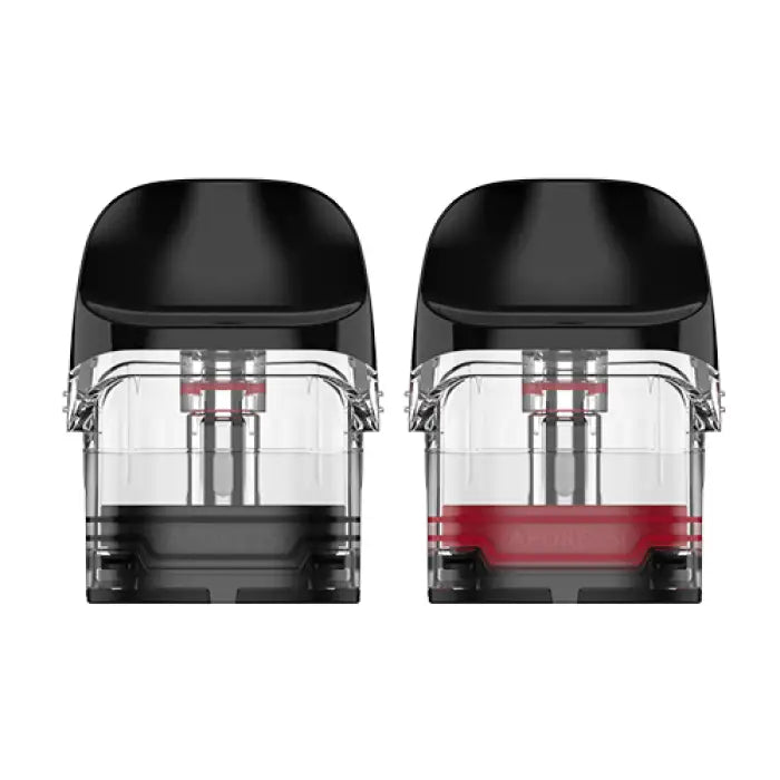 Pair of transparent vape pods or cartridges with black tops, one empty and one partially filled with red liquid.