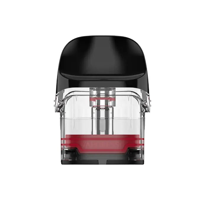 Transparent and black vaping pod or cartridge with red internal components.