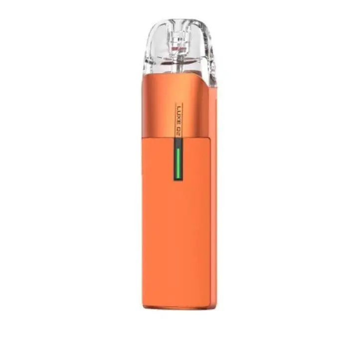 Orange vape pen or e-cigarette device with a clear mouthpiece and green indicator light.