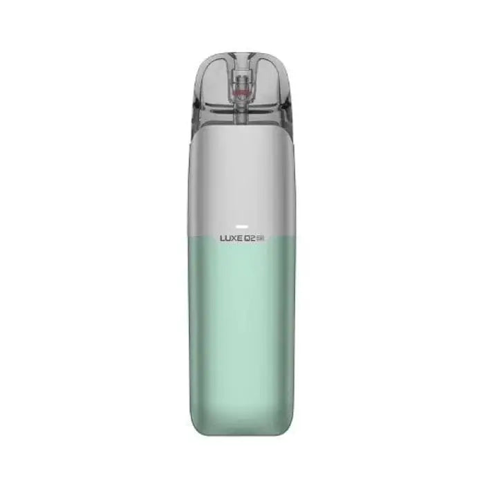 Reusable water bottle with a transparent top and mint green lower portion.