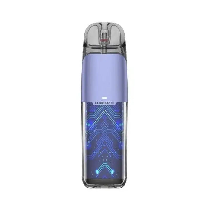 Transparent and purple vape device with a geometric blue pattern on its body.