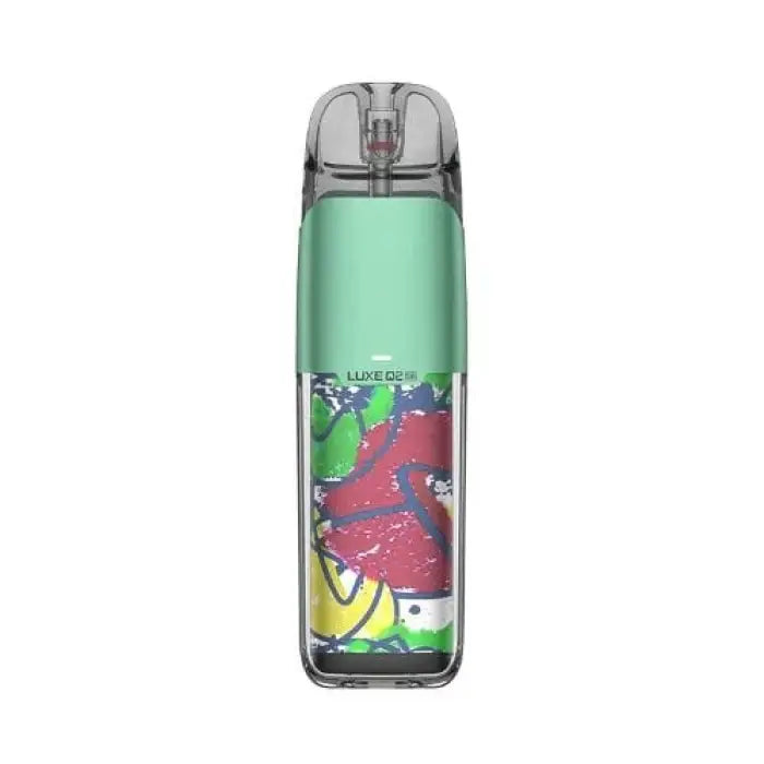 Reusable water bottle with a mint green top and colorful fruit design in the clear bottom section.