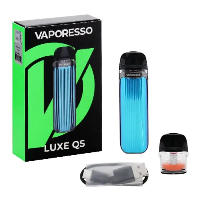 Vaporesso Luxe QS electronic cigarette device with packaging and accessories.