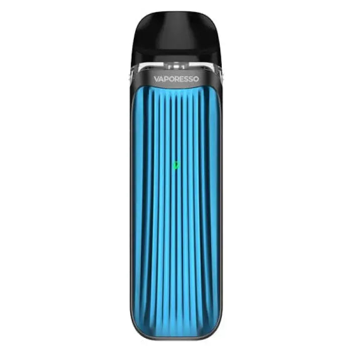 Sleek blue electronic vaping device with vertical ridges and a black top.