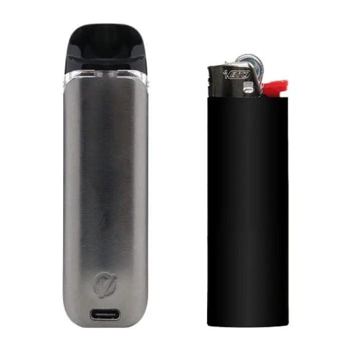 Sleek electronic vaping device with a metallic body next to a black lighter.