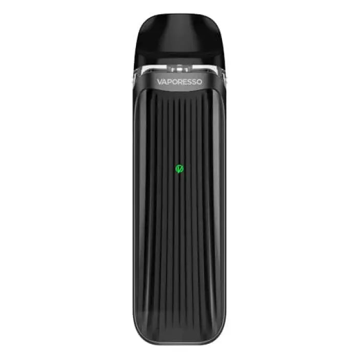 Black electronic vaping device with vertical ridges and a small green indicator light.