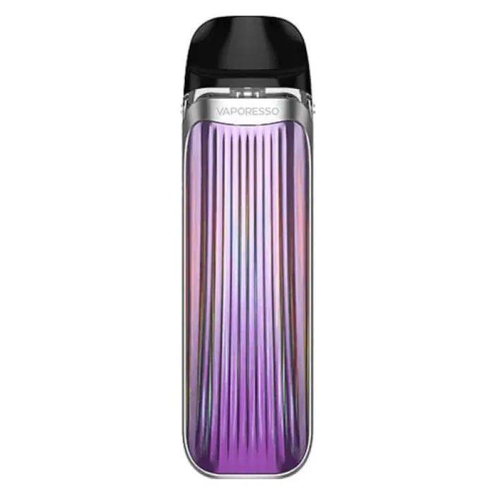 Sleek electronic vaping device with a purple-tinted transparent body and black top.