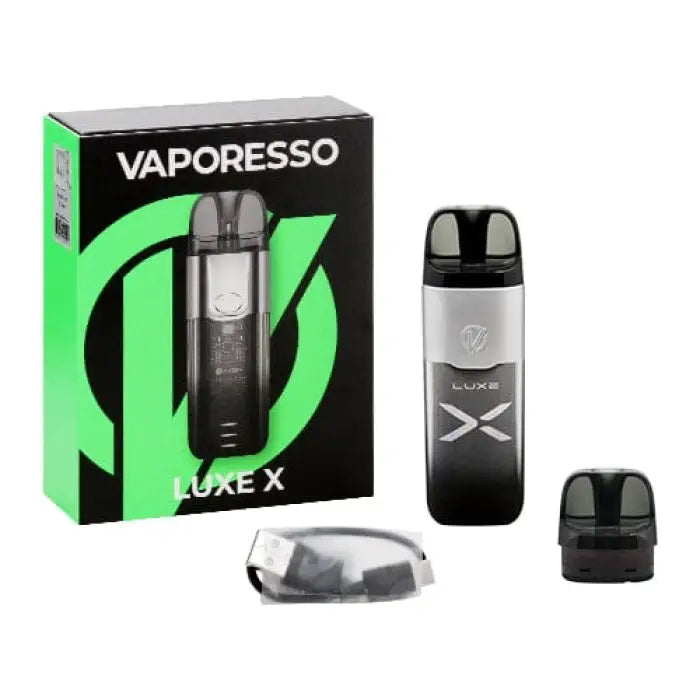 Vaporesso Luxe X electronic cigarette or vaping device with its packaging and components.