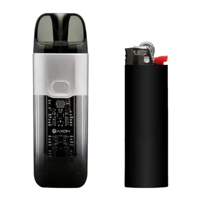 Electronic vaping device with a transparent window showing internal components, next to a black lighter.