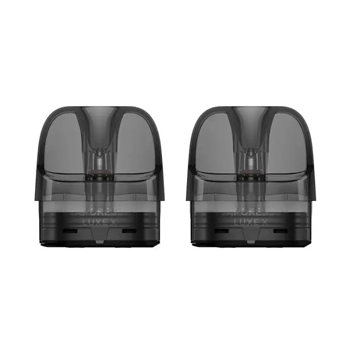 Two identical dark gray electronic pods or cartridges with transparent tops.