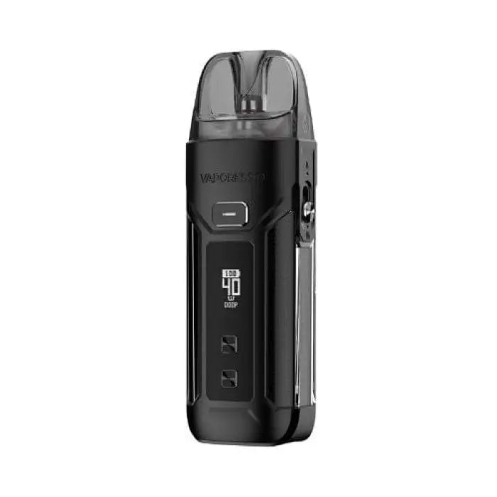 Sleek black electronic vaping device with a clear pod on top.