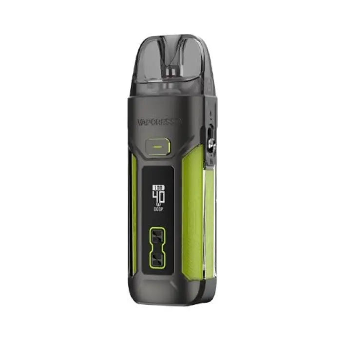 Sleek electronic vaping device with a black and green color scheme featuring a digital display.