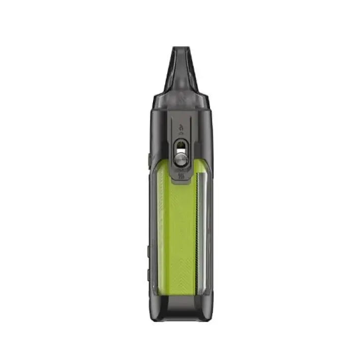 Handheld electronic vaping device with a green window and black body.