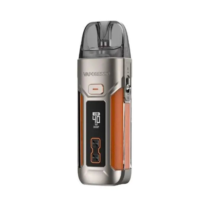 Sleek electronic vaping device with an orange and silver body and digital display.