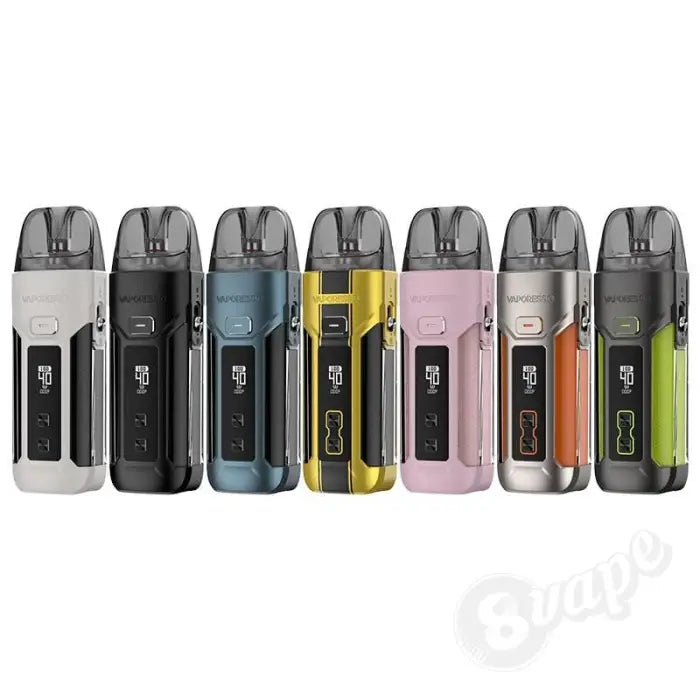 Row of colorful electronic vaping devices or pod systems in various metallic and pastel shades.