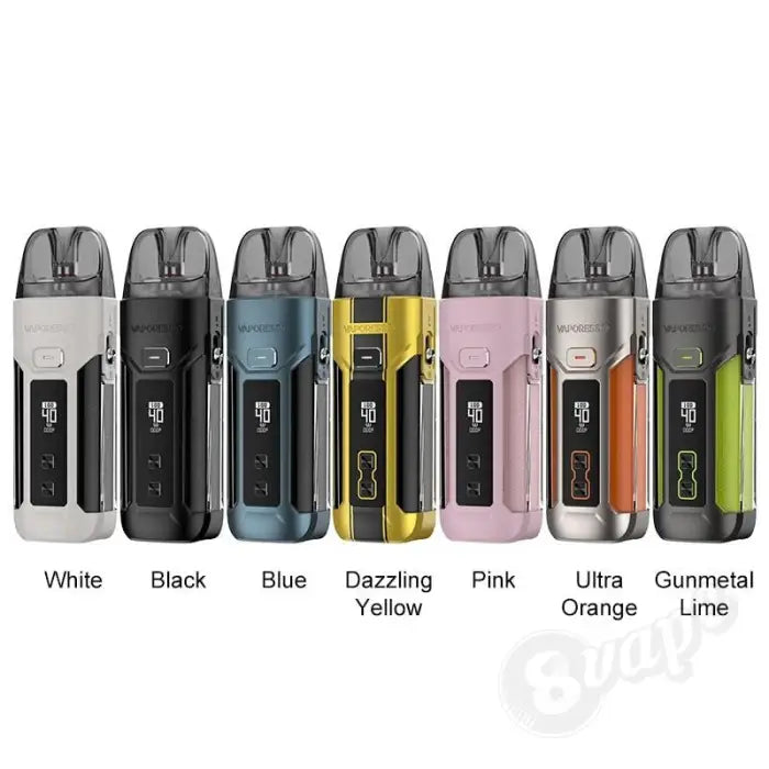 Electronic vaping devices in various colors lined up side by side.