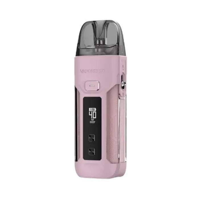 Pink electronic vaping device with a digital display and transparent mouthpiece.