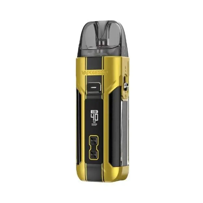 Sleek gold and black electronic vaping device with a digital display.