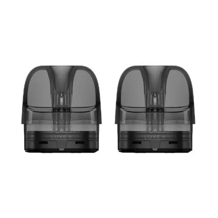 Two identical dark gray, pod-shaped vaping cartridges with transparent tops.