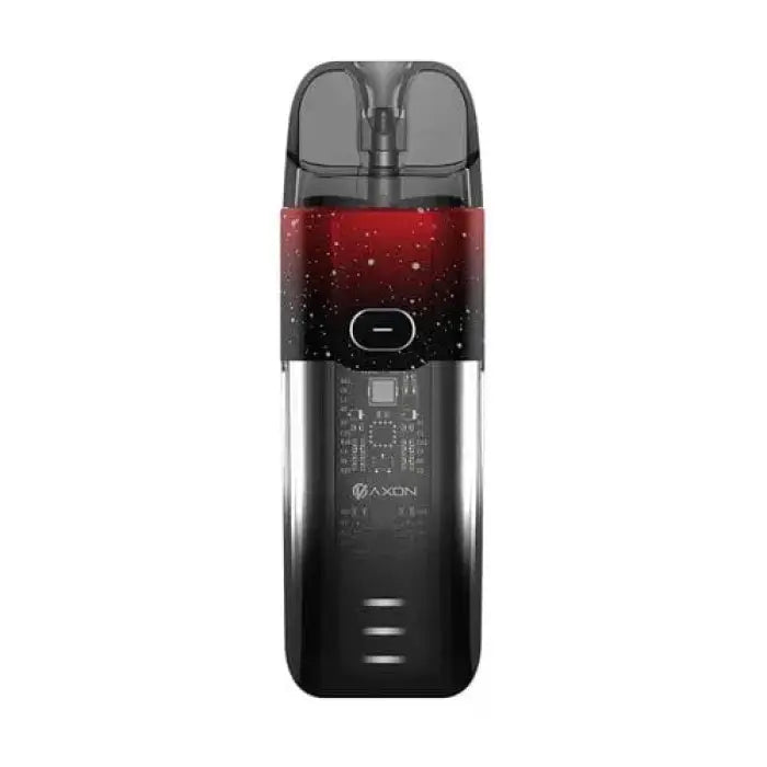 Sleek electronic vaping device with a transparent pod and gradient red-to-black body.