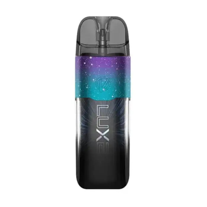 Vape device with a black body and colorful galaxy-themed band around the middle.