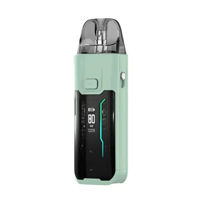 Mint green electronic vaping device with a digital display screen.