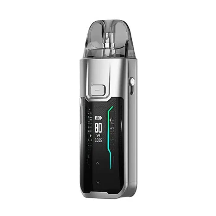 Sleek electronic vaping device with a digital display and transparent mouthpiece.