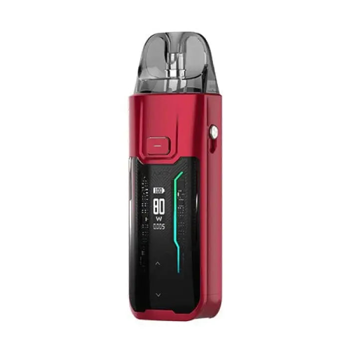 Red and black electronic vaping device with a digital display screen.