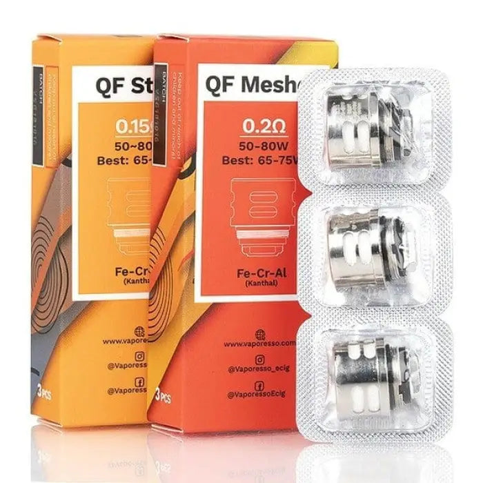 Vaping coils and their packaging for different mesh types and resistances.