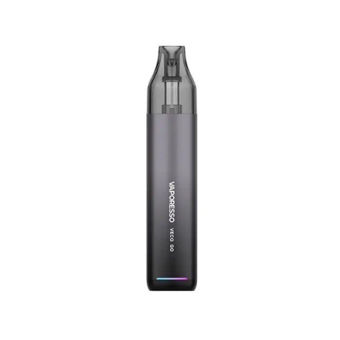 Sleek, dark gray electronic vaping device with a transparent mouthpiece.