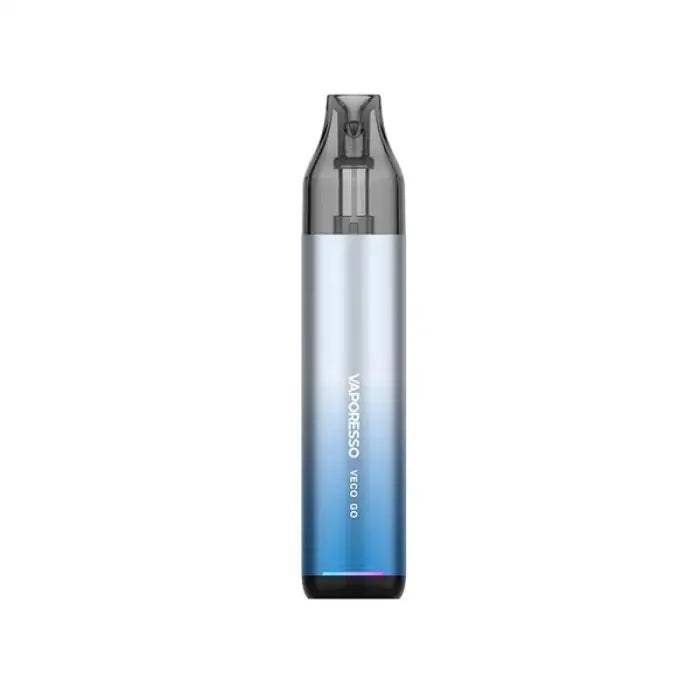 Sleek electronic cigarette or vape pen with a gradient blue-to-clear body and dark mouthpiece.