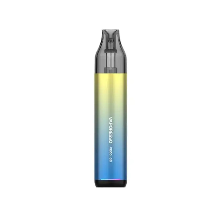 Vape pen or e-cigarette with a gradient yellow-to-blue body and clear mouthpiece.