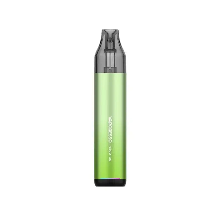 Cylindrical green vape pen or e-cigarette device with a transparent mouthpiece.