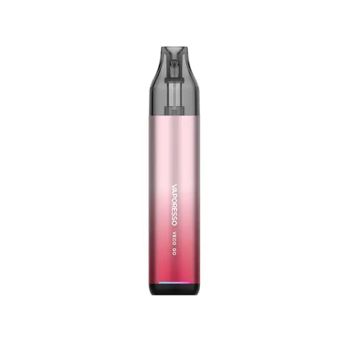 Sleek electronic vaping device with a gradient pink-to-red body and clear mouthpiece.