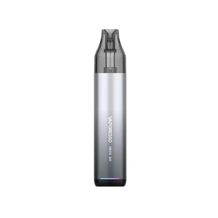 Sleek, cylindrical electronic vaping device with a transparent top portion and metallic body.